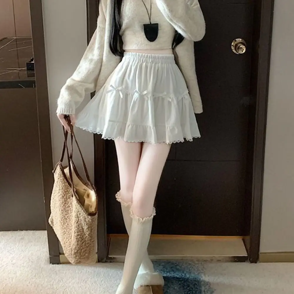 High Waist Girls Short Mini Skirt with Safety Pants Loose Bowknot A-line Skirt Ruffle Cake Dress Lace Pleated Mini Skirts Lady
