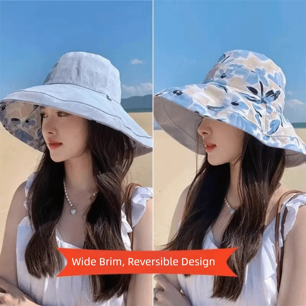 High Quality Double-Sided Printed Sun Hat Large Brim UV Protection Bucket Hat Sun Protection Breathable Basin Hat for Women