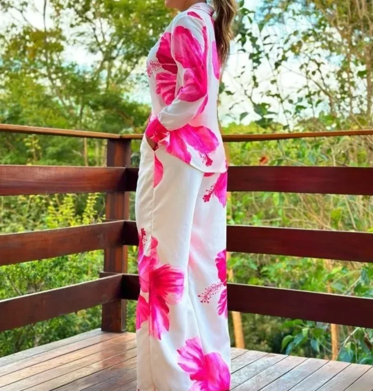 

Women's 2-piece Set 2024 New Spring and Autumn Print Wide-leg Trouser Suit Fashion Office Women's Casual Daily Shirt Suit