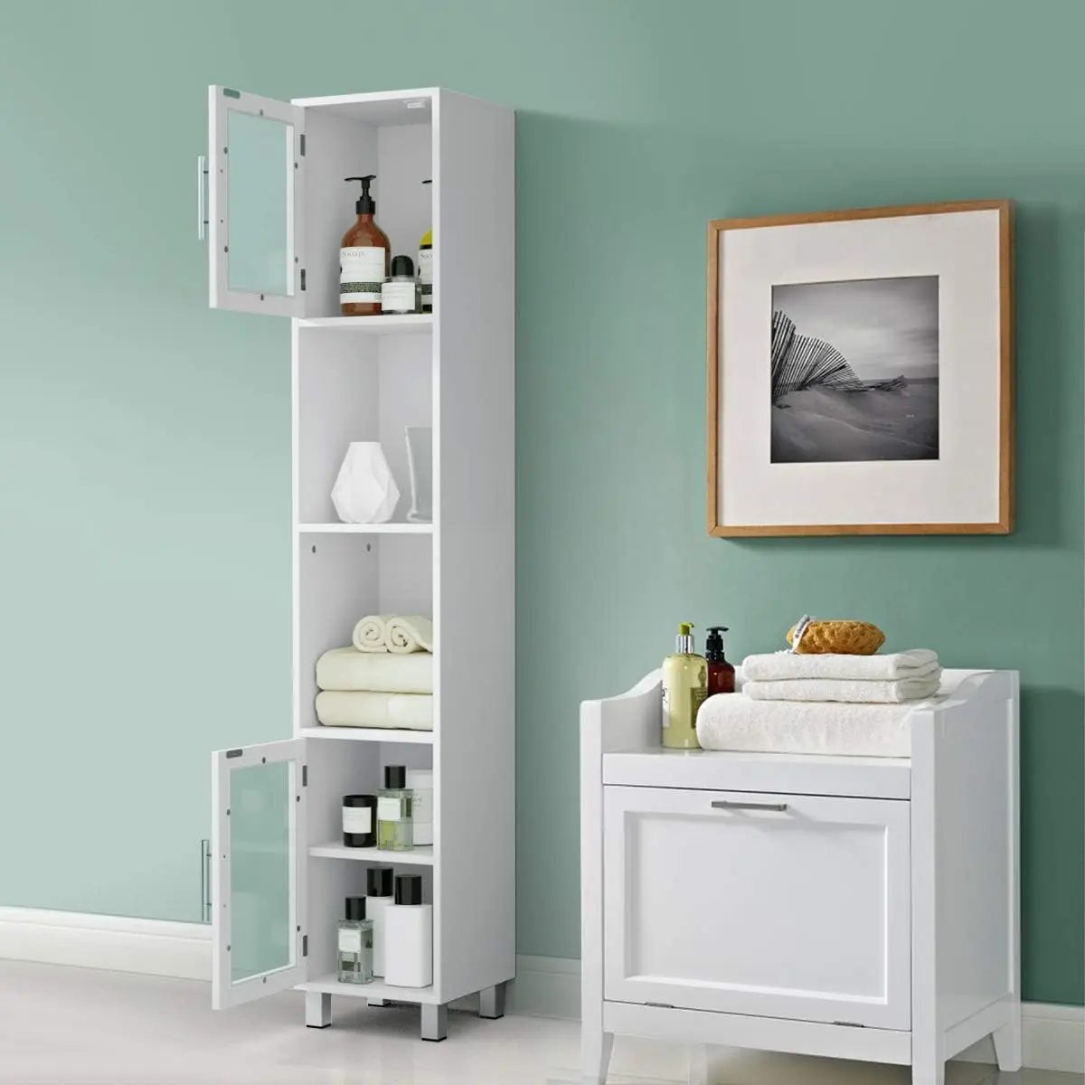 Tall Bathroom Cabinet, Home Living Room Wood Storage Cabinet Free Standing w/ 4 Shelves and 2 Glass-Paneled Doors