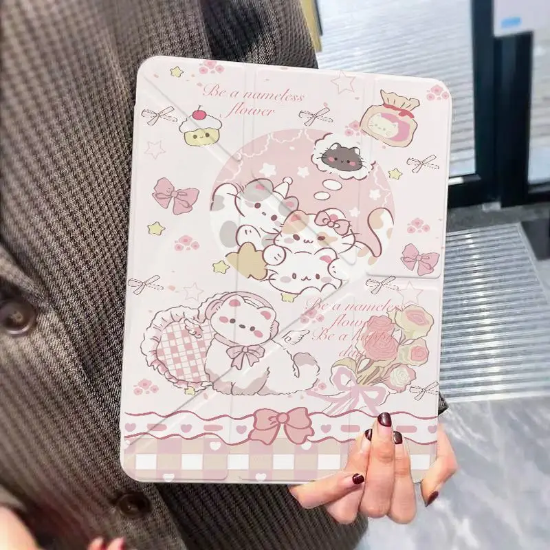 Korean Kawaii Rose Cat Candy Bow For iPad Pro Air 13 11 M5 M4 M3 M2 2 1 11th A16 12.9