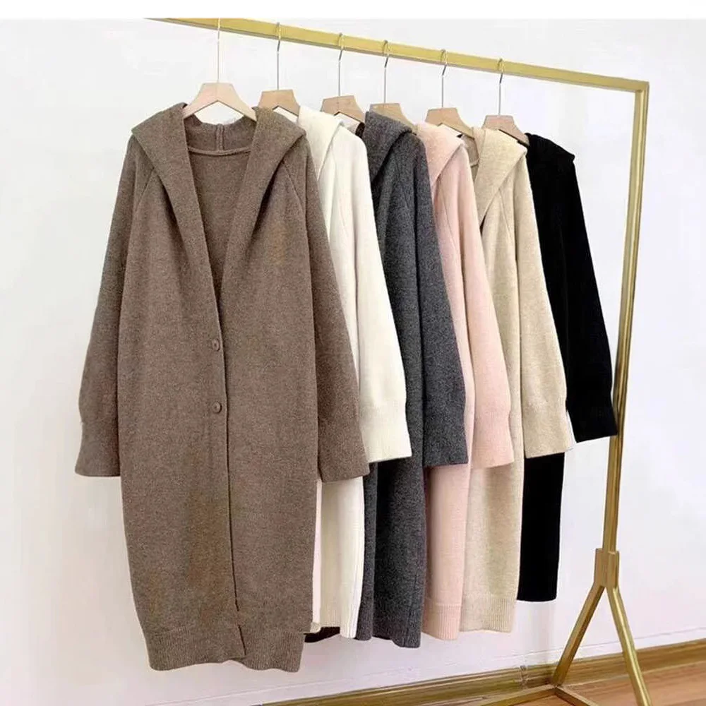 Women's Autumn Winter Hooded Long Knitted Cardigan Simple Solid Color French Style Lazy Casual Coat for Ladies