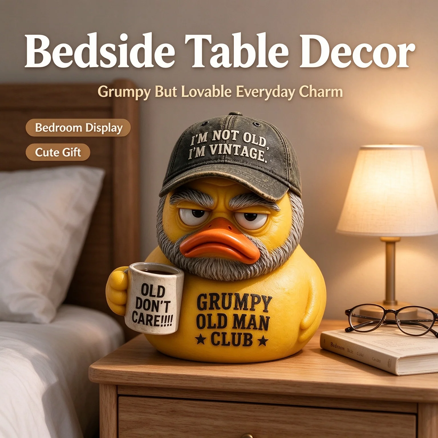 Grumpy Old Man Duck Resin Statue, Funny Vintage Duck Ornament for Desk Office Shelf Decor