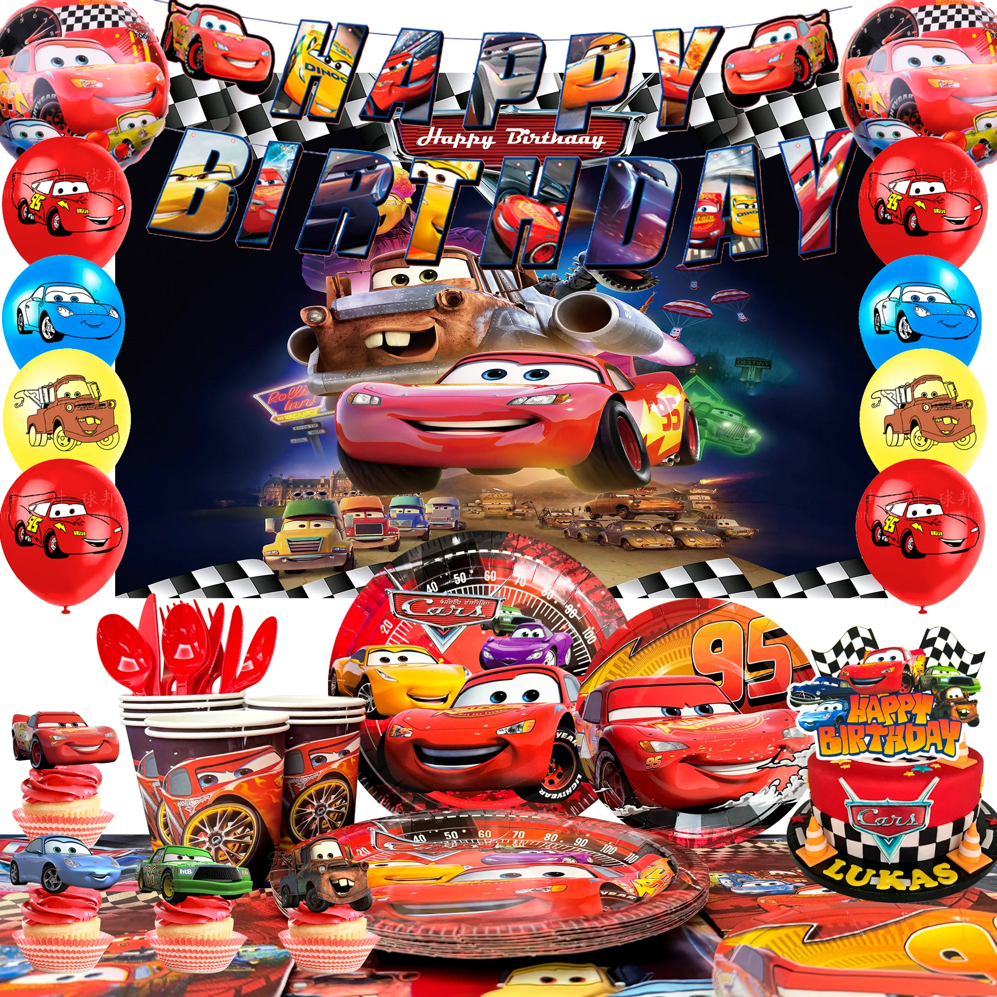 Fournitures de fête d'anniversaire pour voitures Disney, 116 pièces, décorations et voitures d'anniversaire Lightning Mcqueen, vaisselle de fête, ballons, assiettes de bannière...