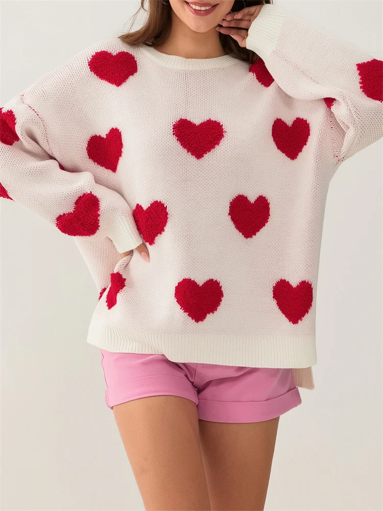 CHRONSTYLE Women Valentine's Day Heart Print Sweaters Long Sleeve Round Neck Loose Casual Pullover Fall Winter Tops 2025 Jumpers