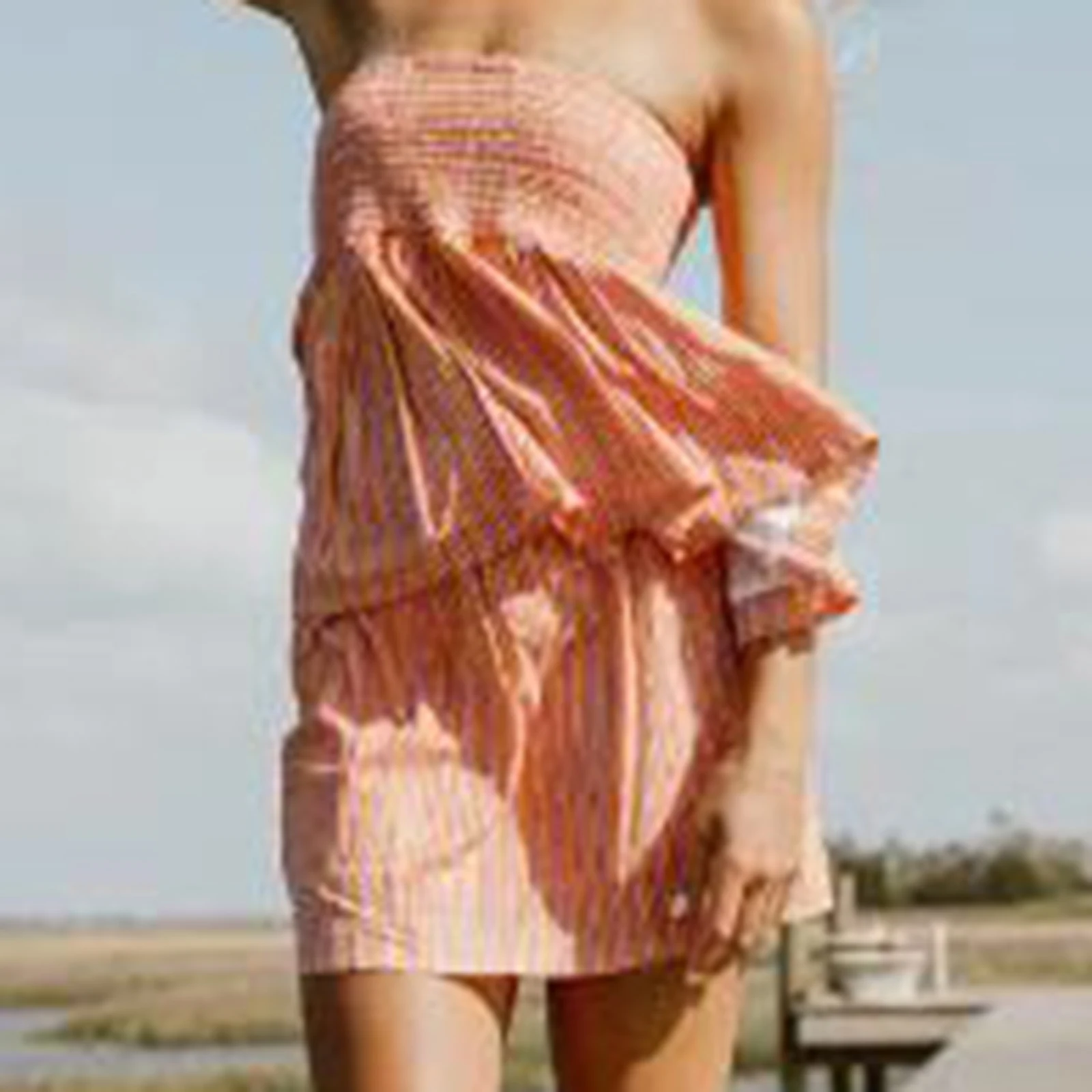 Women 2 Piece Summer Set Striped Plaid Ruffled Tube Tops Mini Bodycon Skirt 2 Piece Party Club Outfit