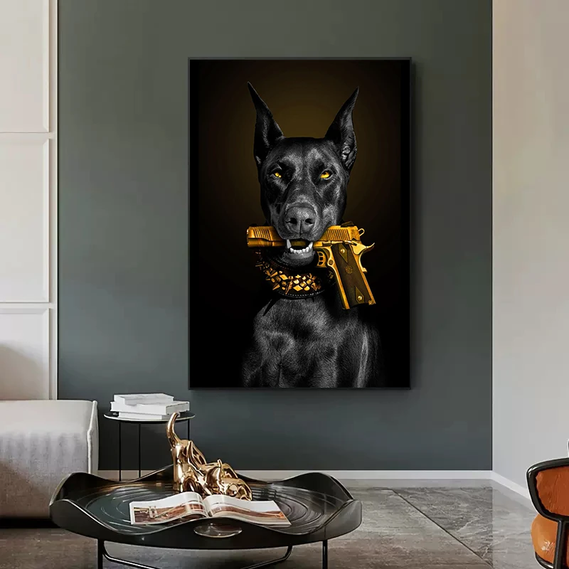 Tableau de chien DobSuffolk noir à la mode, discutant avec un odor, peinture sur toile, art mural animal de luxe, image pour salon, décoration