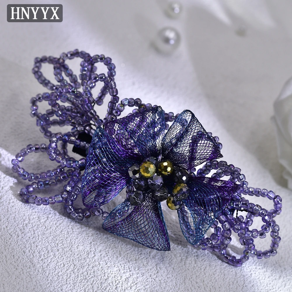 HNYYX Vintage Blue Beaded Hair Clip Prom Dress Hair Accessories Mesh Soft Chain Spring Clip Elegant Women Handmade Sideclip A211