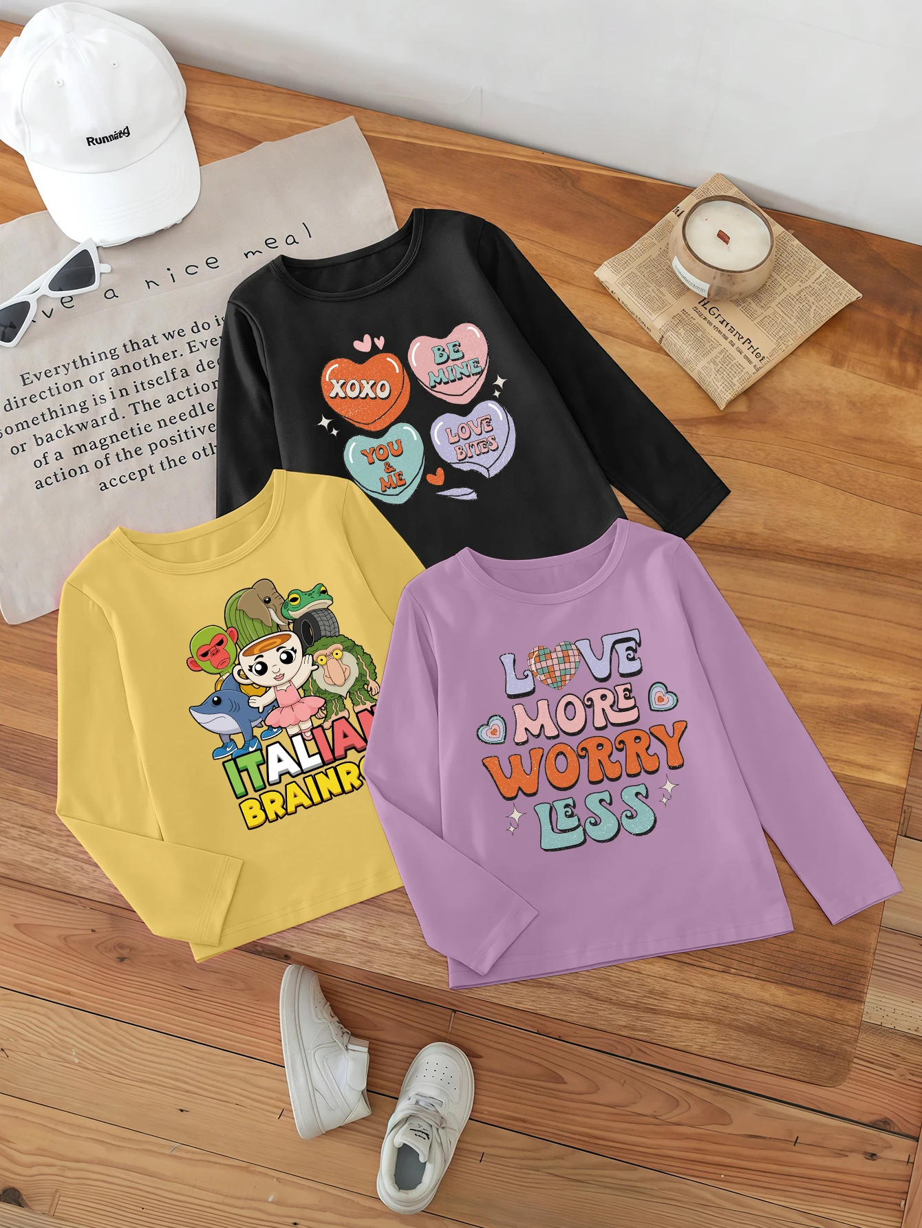 

3 Pieces, Cartoon Hearts, Miss Cappuccino, Letter Pattern Print, Cute Casual Base Shirt for Girls
