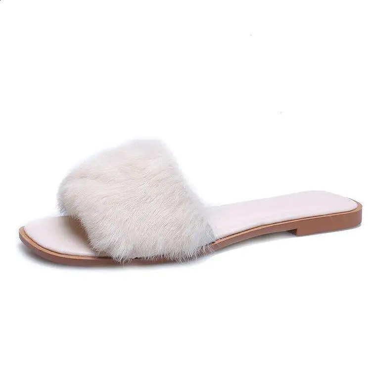 Slippers Casual Shoes For Girls Big Size Rubber Flip Flops Slides Fur Sliders Slipers Women Square Toe Low Luxury Lady Flat Summ