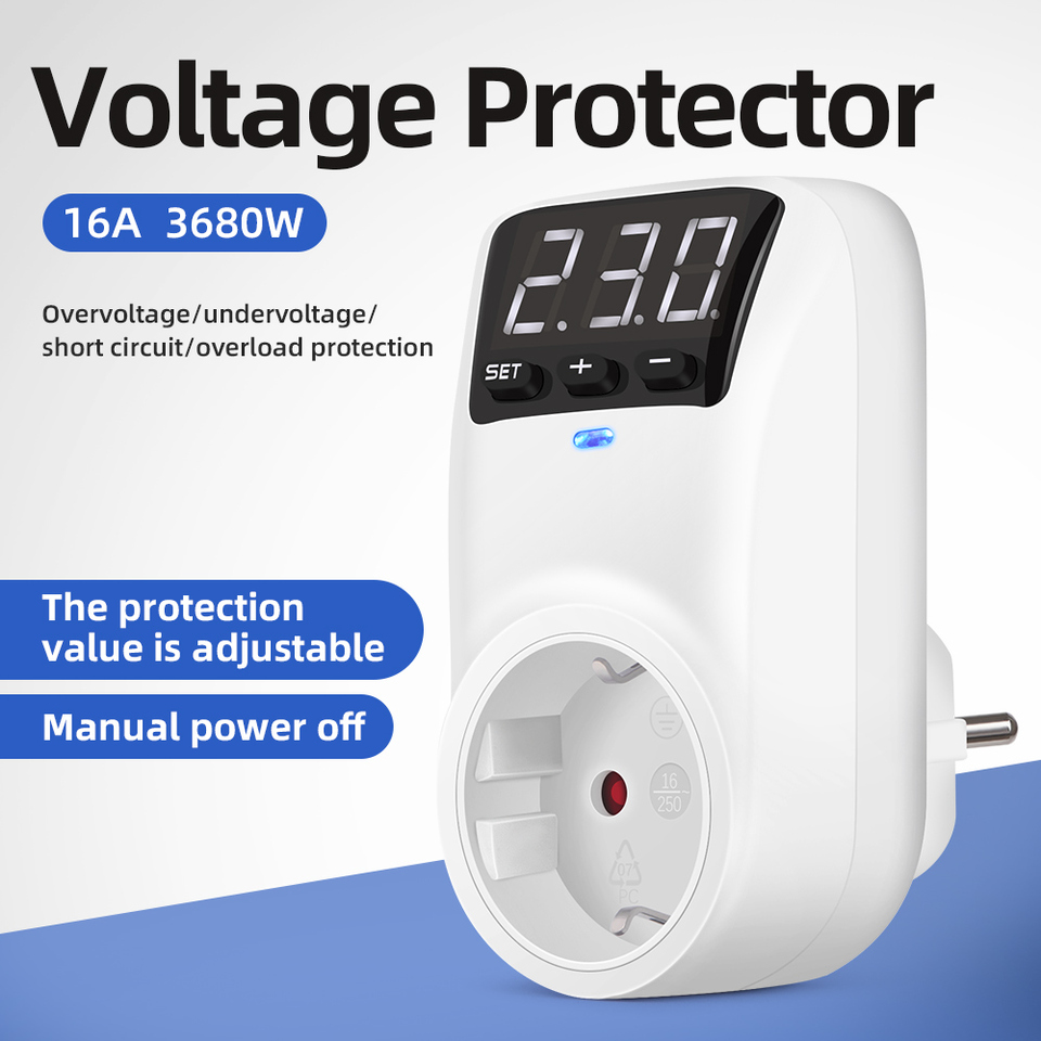  New Adjustable Voltage Protector Socket AC 230V 16A Automatic Power Surge Protector EU Plug Socket Under Overvoltage Protection 