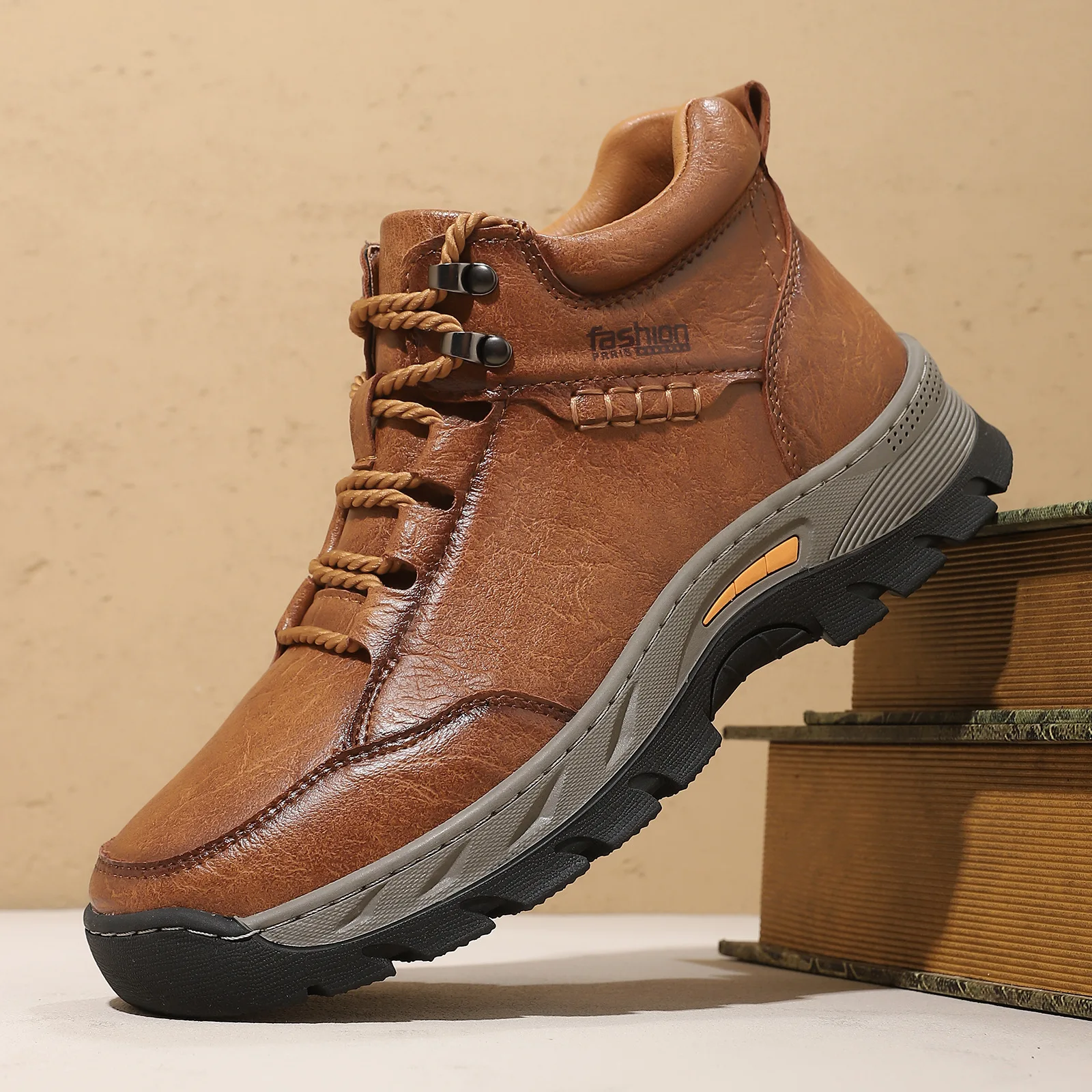 High Top Men's Shoes Man Casual Leather Shoes Lace Up 2026 Autumn Male Anti Slip Hiking Shoes Brown Walking Shoe Plus Size 45 46
