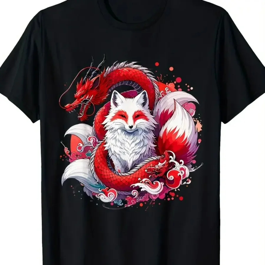 

Plus Size Korean and Chinese Yin-Yang Fox Dragon T-Shirt - Oversized Crew Neck Casual Summer Tee Suitable for Spring and Summer