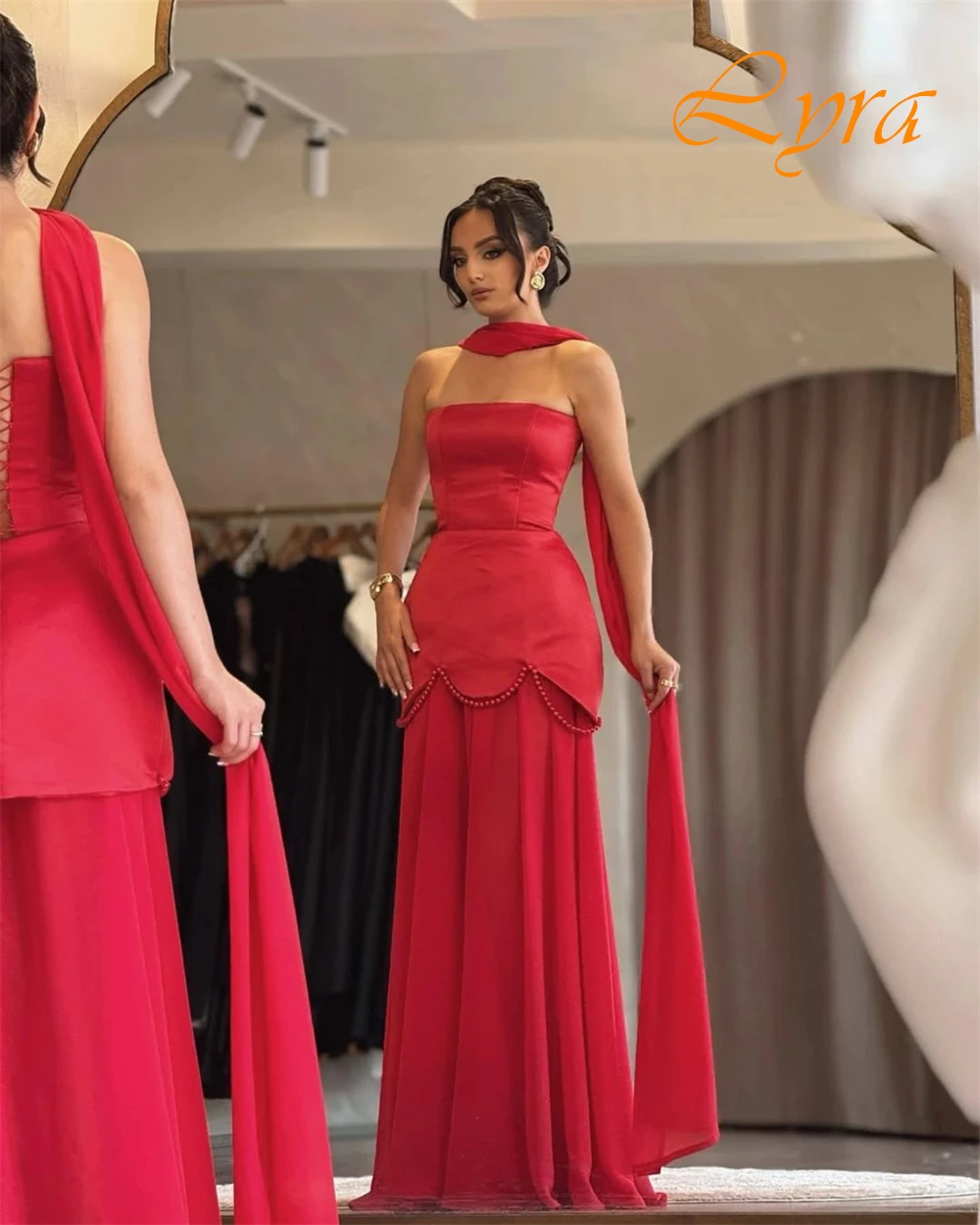 فستان سهرة شيفون ناعم مخصص بدون حمالات، فساتين حفلة موسيقية رائعة مطرزة بالخرز، قطار واتو، فساتين مناسبة خاصة