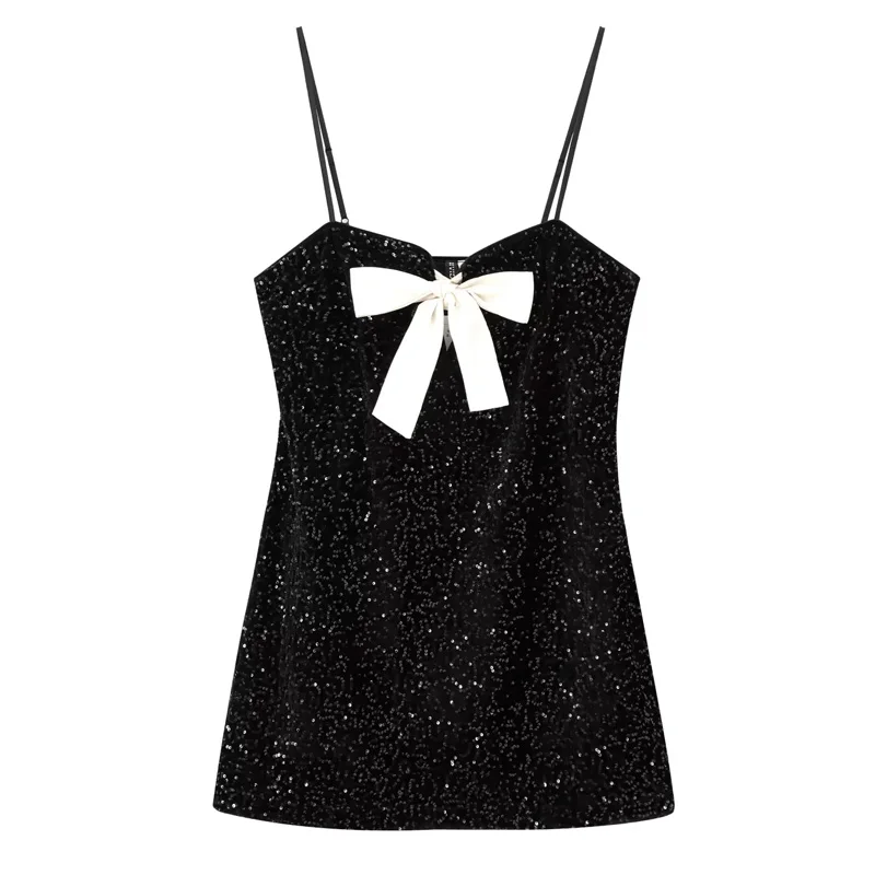 TRAF Slip Women's Dress Sleeveless Sequin Dress Women Butterfly Knot Glitter Mini Dress Backless Sexy Short Party Dresses Woman