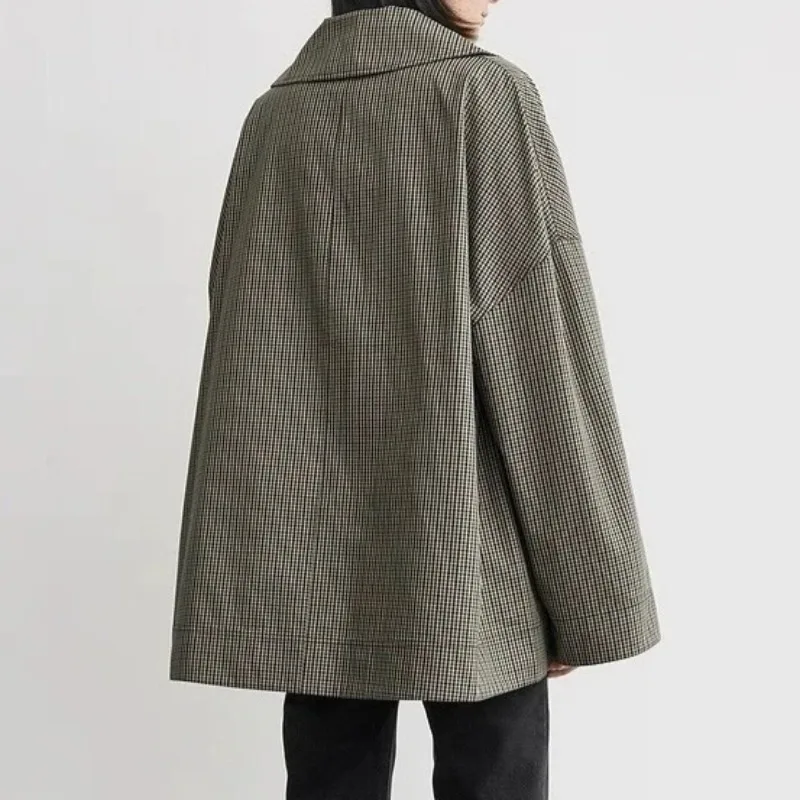 여성용 체크 코트, 중간 길이, 심플한 출퇴근용 한국 스타일, 루즈핏 여성용 코트, 2025년 가을/겨울