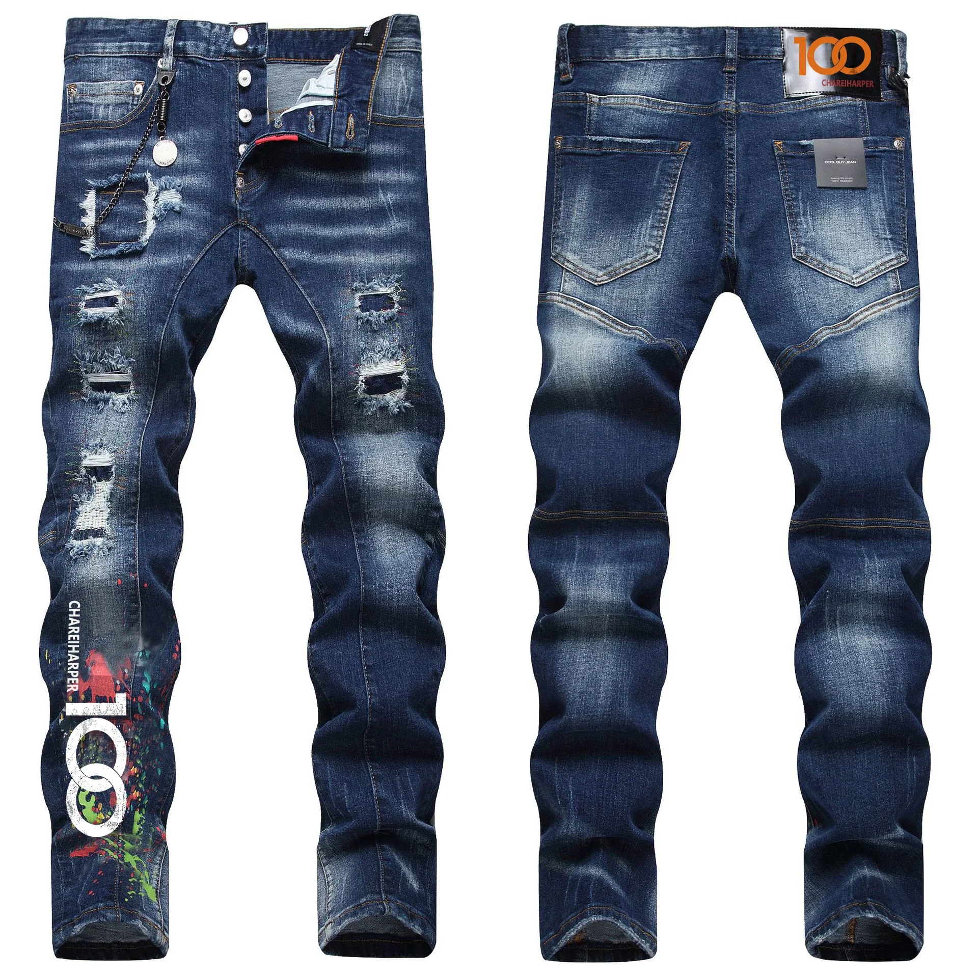 chareiharper plus size 097 Men's jeans Street hip hop mess patch chain stretch straight leg digital printed jeans