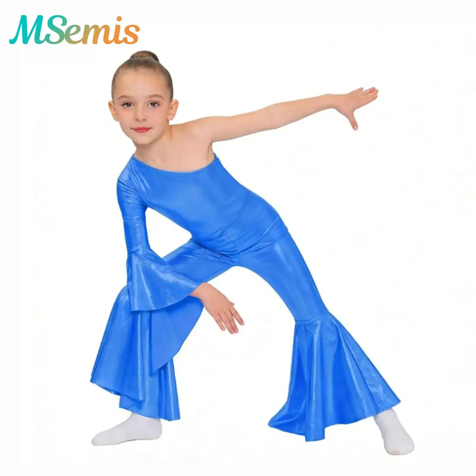 

Kids Girls Metallic Shiny Retro Hippie Jazz Dance Performance Costume Flare Sleeve Bell-Bottom Disco Diva Unitards Jumpsuit