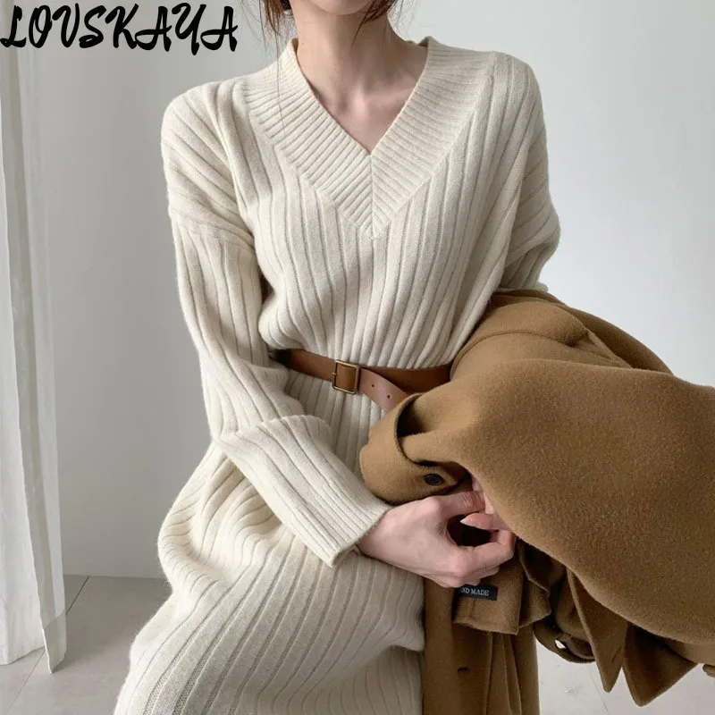 

Lazy style paired with coat lining sweater long skirt for autumn winter new retro style knitted dress for women loose fitting