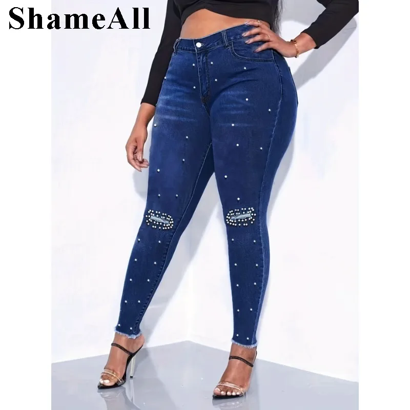Women\'s Plus Size Sexy Skinny Jeans ,Faux Pearl Decor Raw Hem Denim Pants