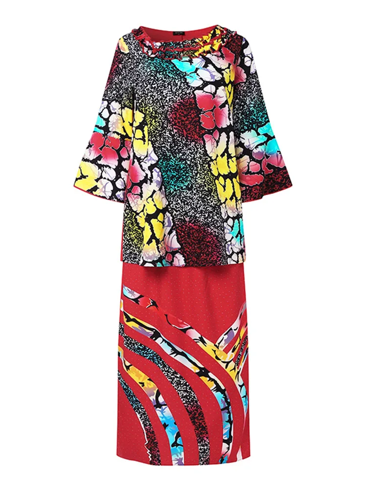 VONDA 2024 Women Sets 2Pcs Irregular 3/4 Flare Sleeve Vintage Ethnic Style Floral Printed Blouse And A Line Long Skirt Set Suits image 4