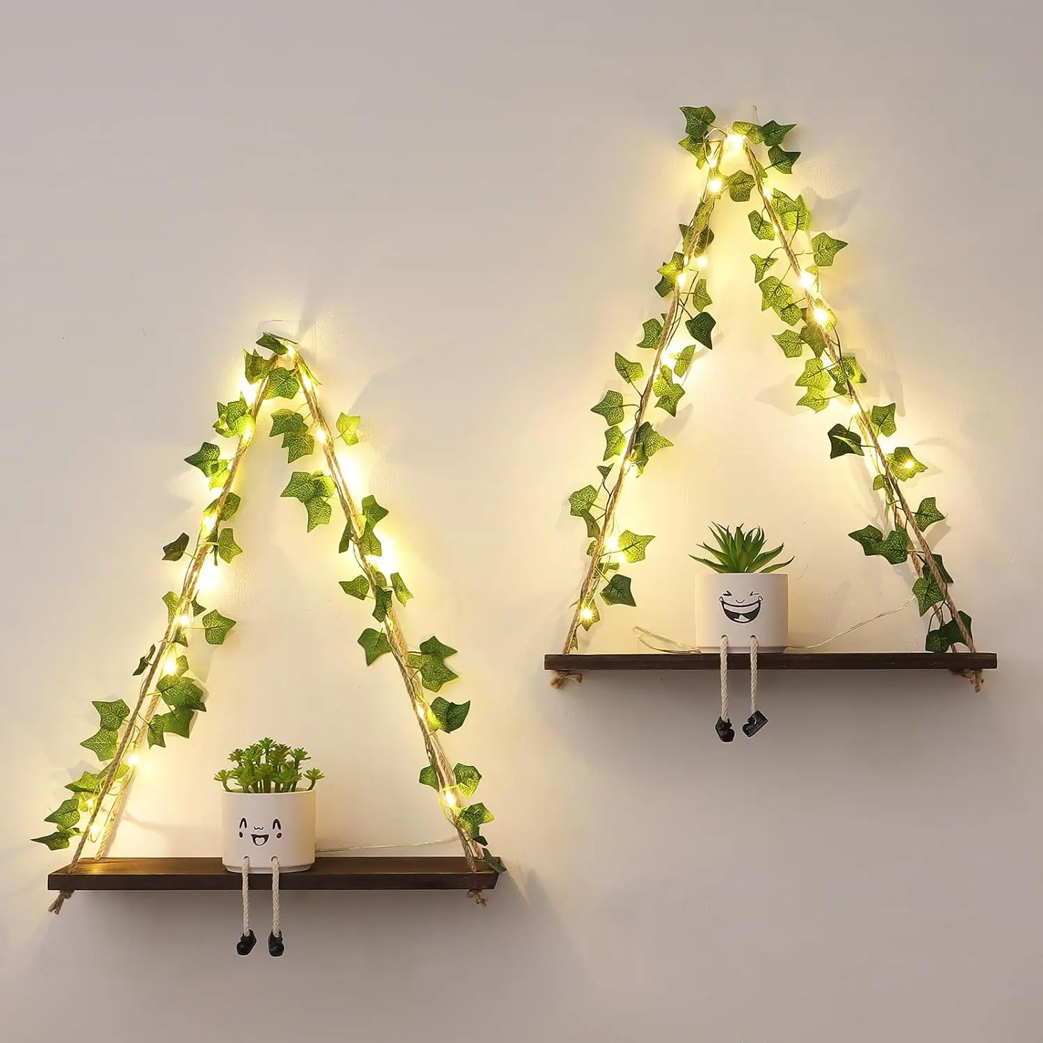 

Floating Wall Shelves with Artificial Ivy & LED Lights, No-Drill Wood Plant Shelves, Set of 2 for Boho Bedroom Decor