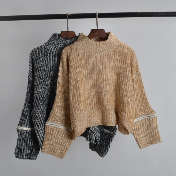 

Fall Winter Loose Long Sve High Ne Sweater Faion Lazy Sle Zipper Cuff Design Thi Yarn f Collar Knitted Top