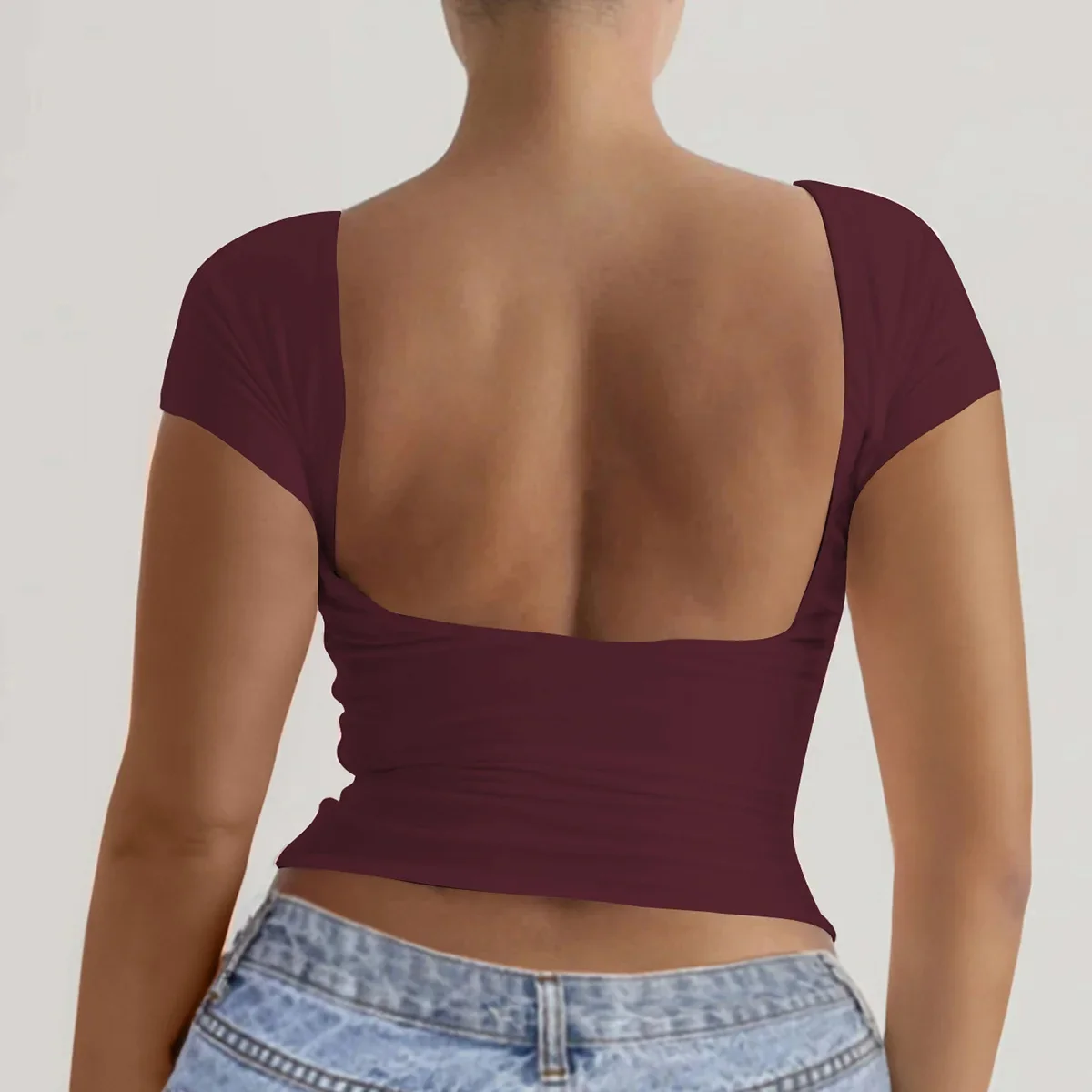 2025 여름 새로운 여성 티셔츠 솔리드 컬러 섹시 슬림 피트 오픈 백 반팔 탑 여성용 섹시 슬리밍 Y2K Ladies Tops