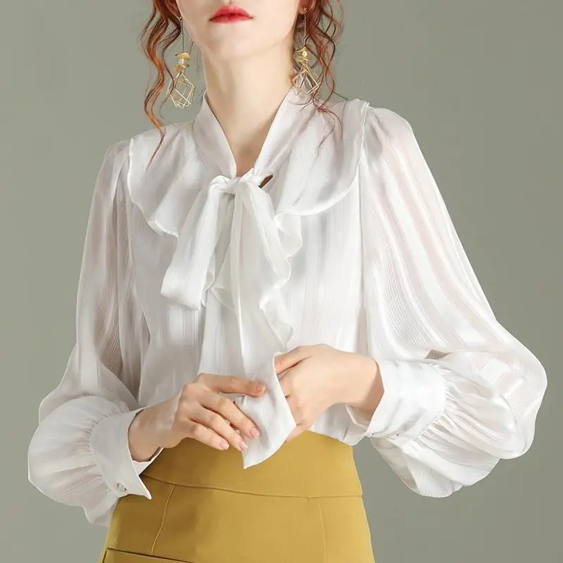 Bubble Sleeve Top Lantern Sleeve Court Style White Long Sleeved Chiffon Shirt Ruffle Edge Shirt Women's Bow