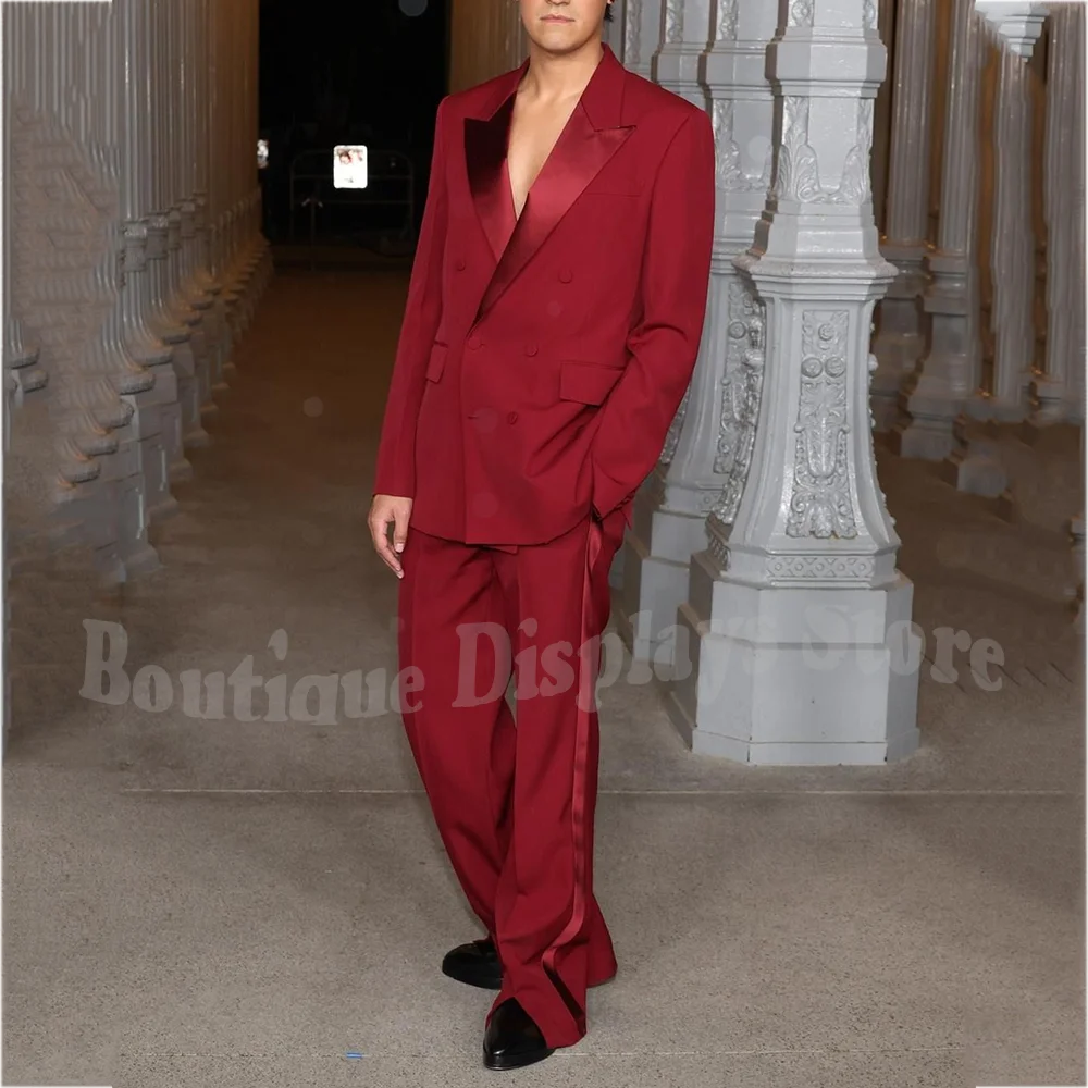 

Casual Men Suit Set Two Pieces Satin Lapel Loose Fit Peaked Blazer Pants High Street Club Prom Male Clothing Chic Outfit