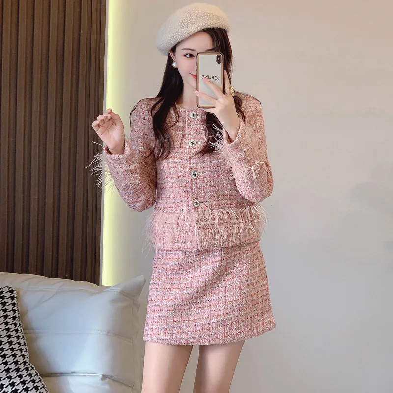 Women's Feather Tassel Tweed Coat+High Waist Slim Fit Skirt 2 pcs Set New Spring and Autumn Small Fragrant Style Set