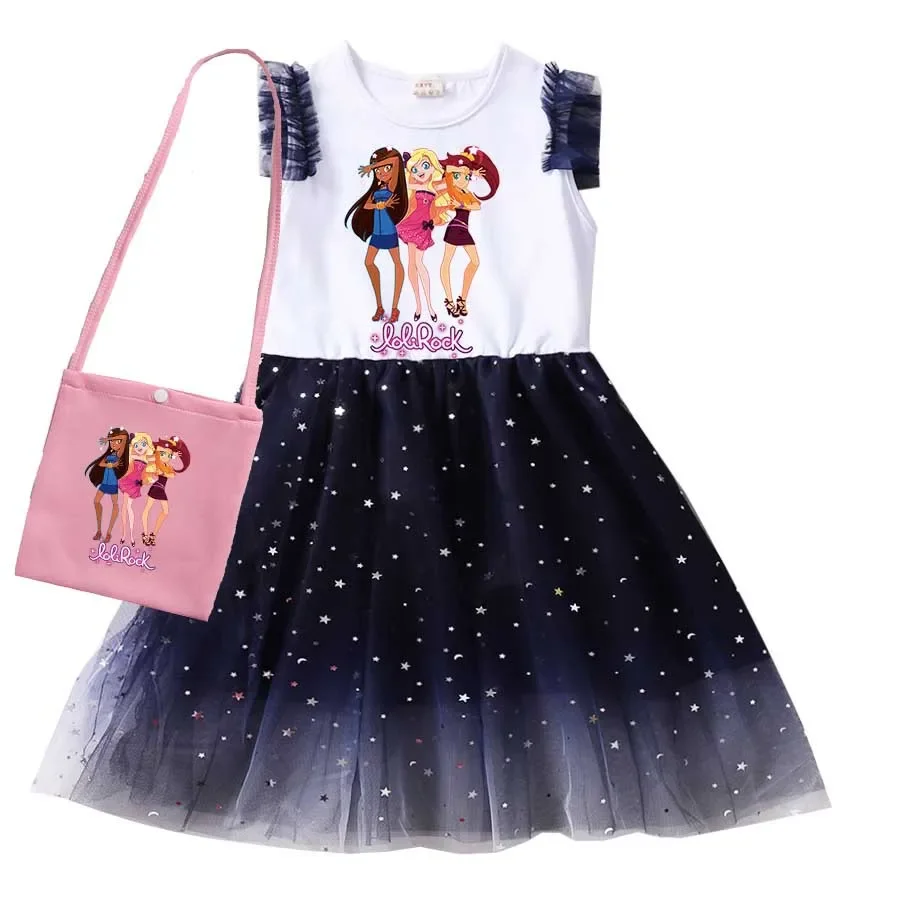 New Lolirock Rock Loli Kids Summer Dress for Girls Cute Lace Princess Dresses + Bag Fancy Wedding Birthday Party Vestidos 3-9Y