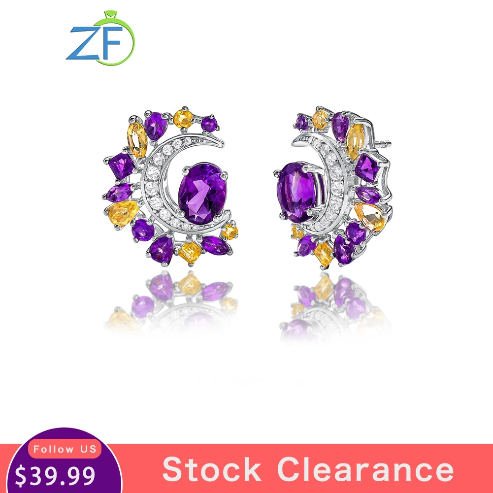 

GZ ZONGFA Original 925 Sterling Silve Moon Design Studs Earrings for Women Natural Amethyst Citrine Gems 5Carats Fine Jewelry