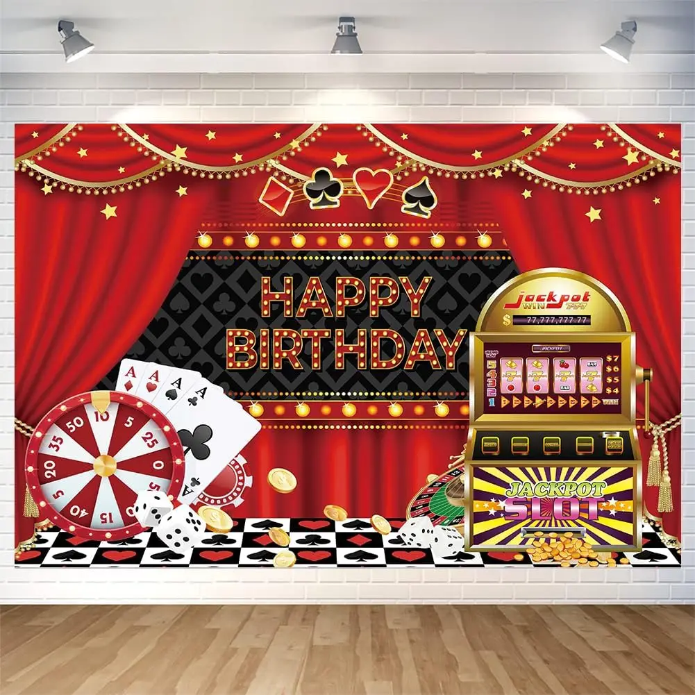 Casino Themed Happy Birthday Tapestry, Las Vegas Style with Poker and Slot Machine Print Wall Hanging for Party Decor