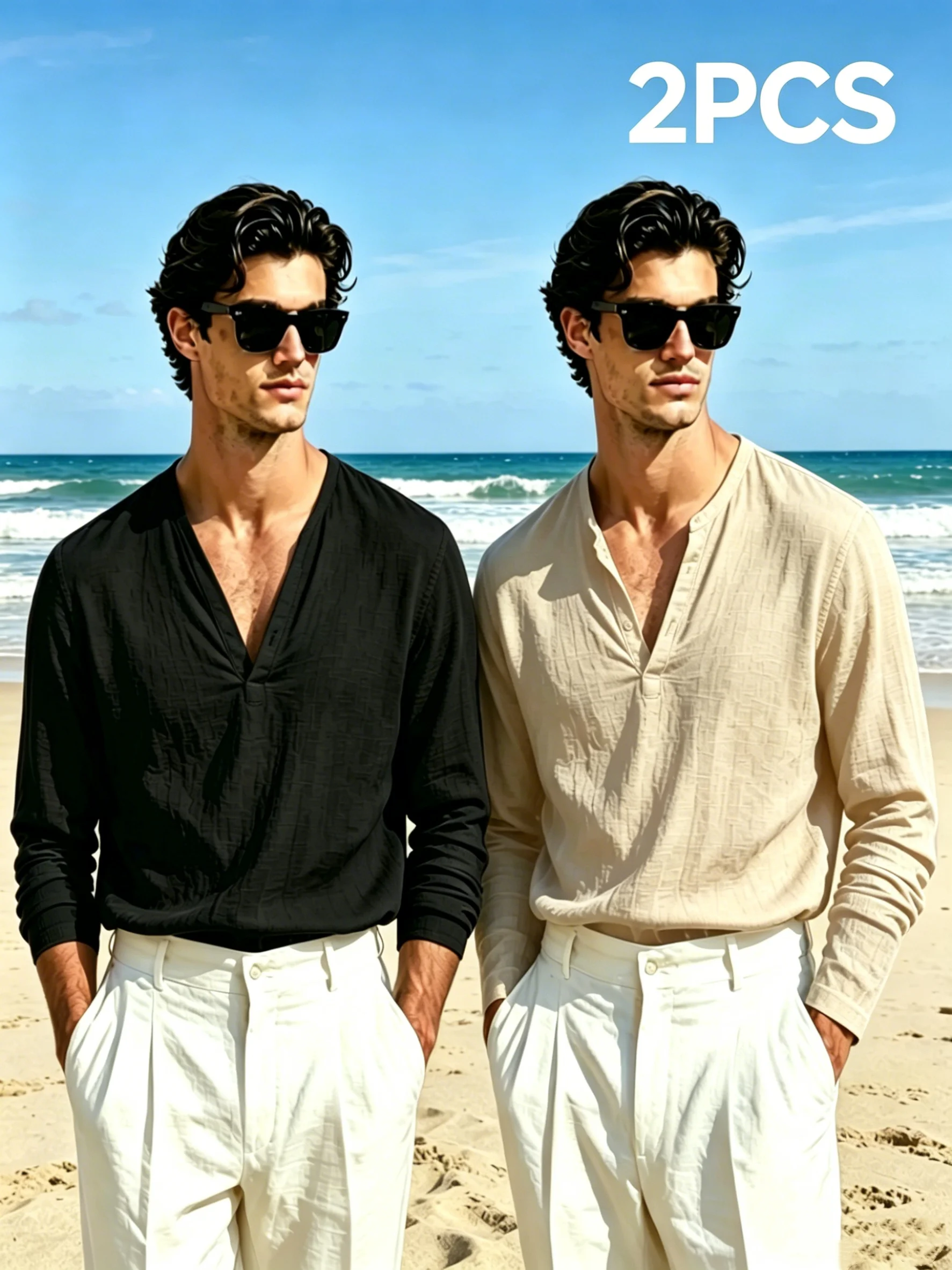 2PCS Men Linen Crinkle Textured Henley Long Sleeve Tops, Half Placket V Neck Lightweight Breathable Shirts, Casual Vacation Blou