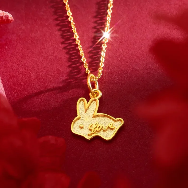 9999 Real Gold 24K New Natal Year Zodiac Rabbit Letter Love Pendant Bunny Necklace