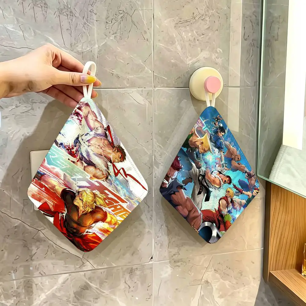 Street Fighter Retro Polyester Cotton Hand Wiping Towel with Hanging Loop, Lightweight for Home and Commercial Use