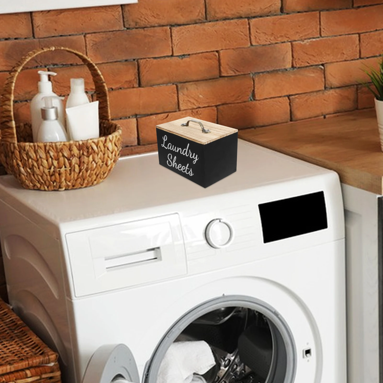 

1pcs Wood Laundry Room Organizer Box Black Lid Dryer Sheets Powder Storage Holder Container Farmhouse Style Tissue Beads