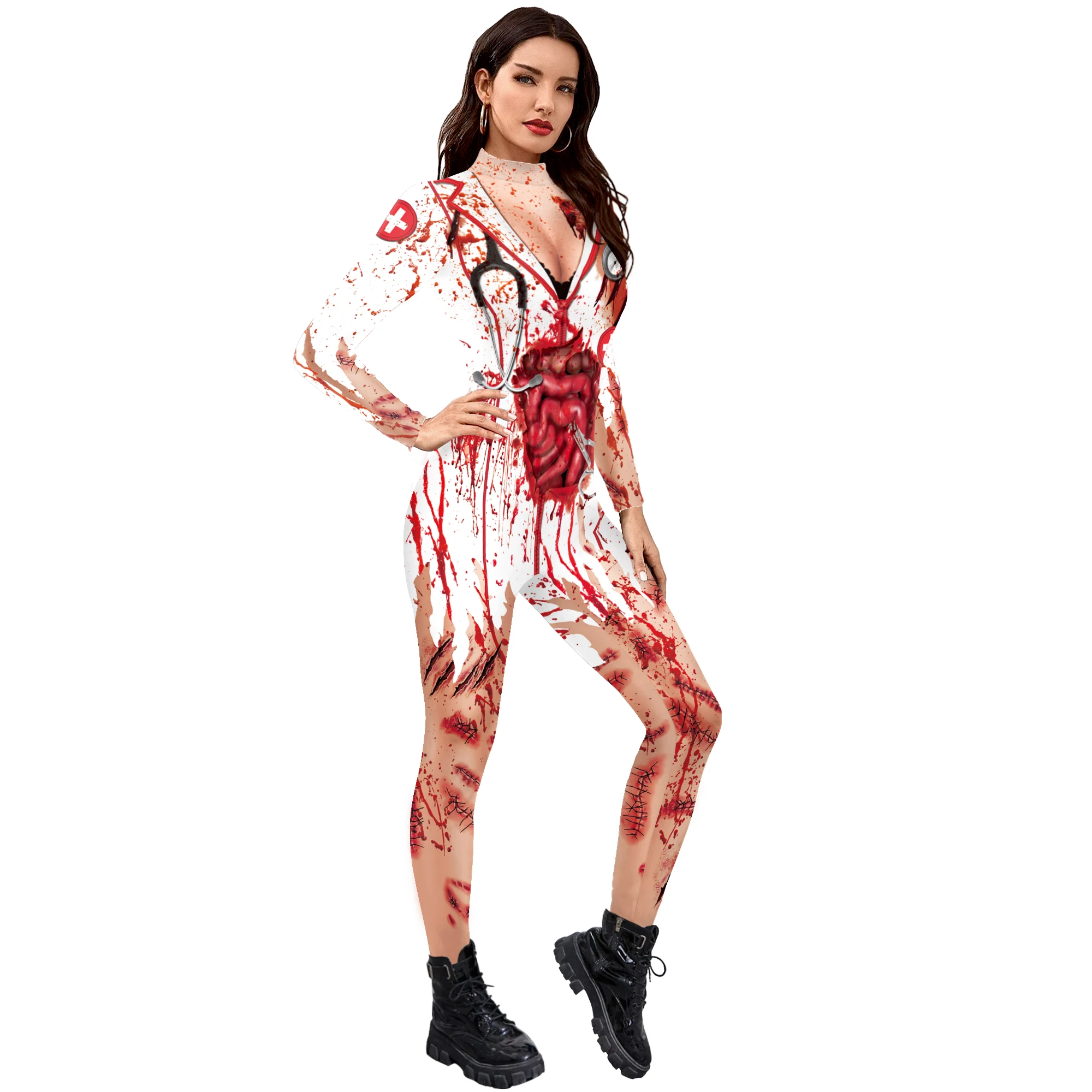 Zawaland Halloween Bodysuits Women Zentai 3D Printed Blood Costume Cosplay Nurse Clothing Festival Party Catsuits Jumpsuit