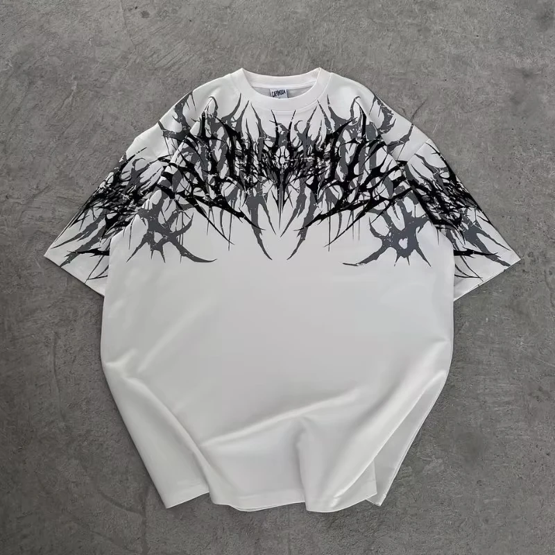 Black White Gothic Metal Print Oversized T-Shirt, Men Women Casual Streetwear Deathcore Grunge Aesthetic Quick-drying Tee
