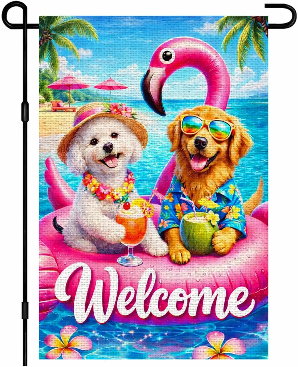 IVN Summer Garden Flag 12x18 Inch Double Sided Burlap Dogs with Flamingo Pool Float Tropical Beach Welcome Design Small Outd AAS