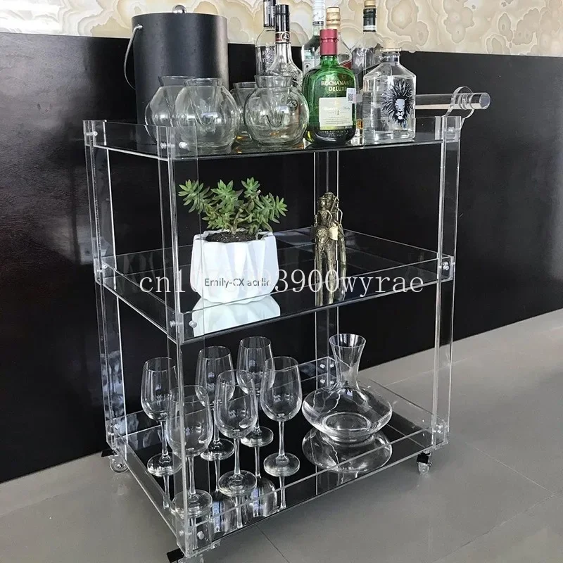 Clear Acrylic Bar cart 3 Shelves Tier Rolling Kitchen Food Serving Trolley Cart Easy Assembly Hotel Furniture