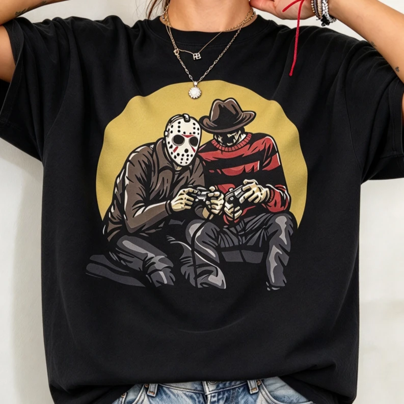 Horror Scary Movie Villains Playing Video Games Jason Unisex Heavy Cotton Tshirt Cotton Short Sleeve Retro 80s 90s Movie Fan Tee