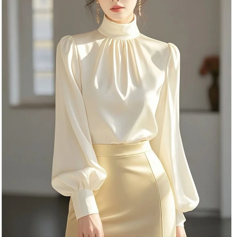 

2024, весенне-осенняя женская рубашка с воротником-стойкой и пышными рукавами-фонариками, бежевая рубашка из искусственного шелка, женская одежда, модные топы, рубашки