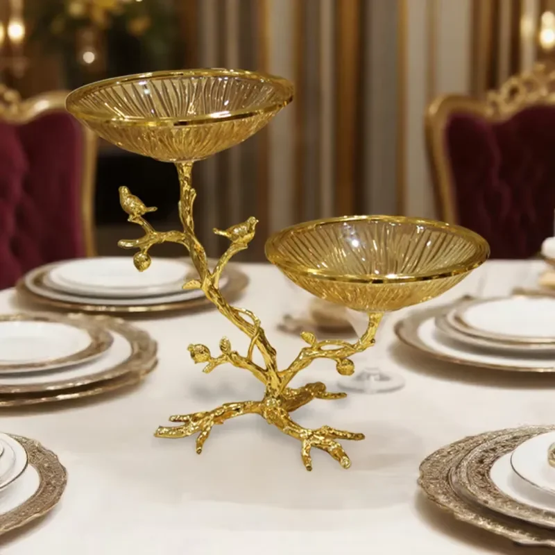 European Three Layer Wedding Decor Set Gold Alloy Glass Fruit Tray Dessert Stand for Hotel Banquet
