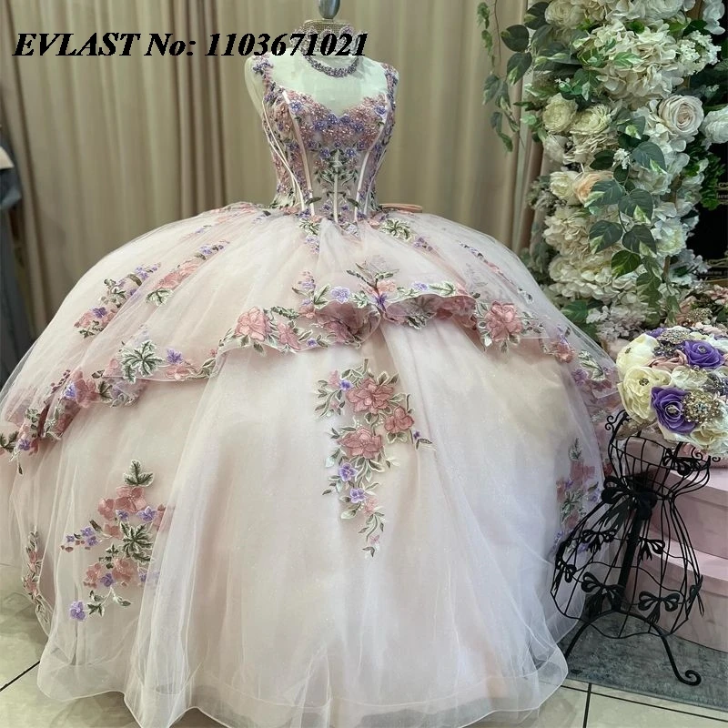 EVLAST Розовое платье Quinceanera по индивидуальному заказу, бальное платье с 3D цветочной аппликацией, многоуровневый корсет из бисера, Sweet 16, Vestidos De XV 15 Anos SQ93