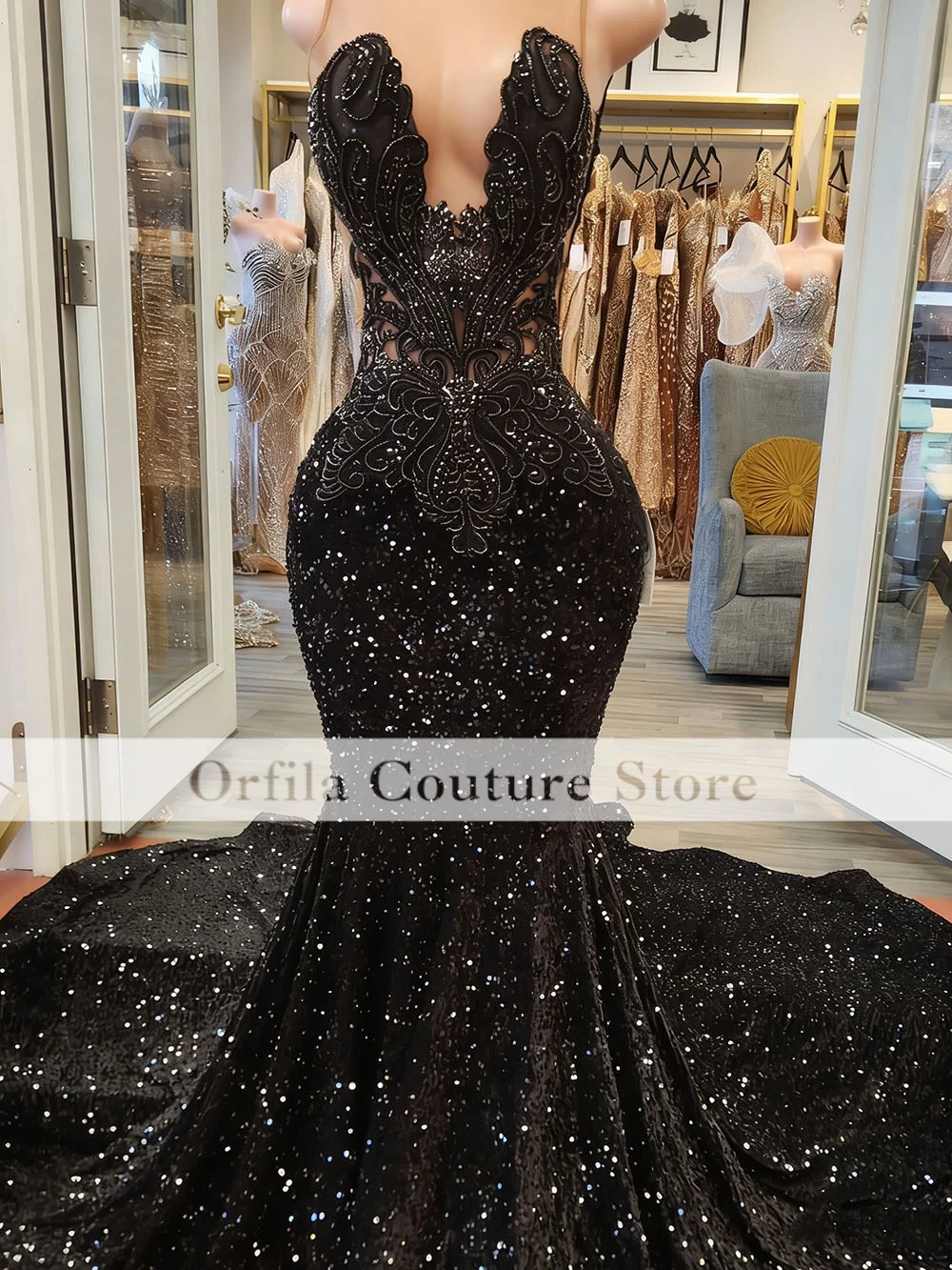 Black Prom Dresses 2026 Black Girl Luxury Rhinestone Sequin Mermaid Party Gowns Sheer Neck vestidos de fiesta Customized