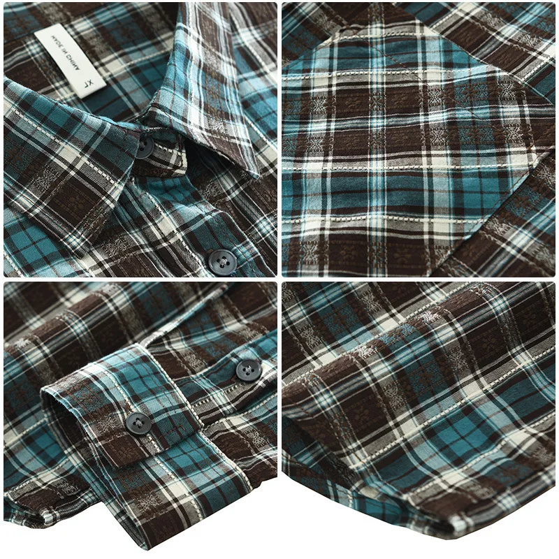 

Japanese New Plaid Shirts for Man Spring Daily Casual Long Sleeve Mens Shirts Lapel Pocket Shirt Pure Cotton Top Vintage Clothes