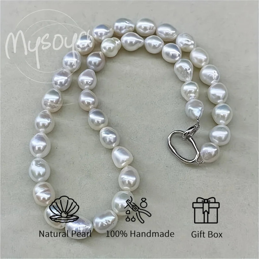 

MYSOYA 9-11mm White Baroque Freshwater Pearl Necklace Unisex Jewelry With Gift Box Perfect Gift For Birthday Christmas New Year
