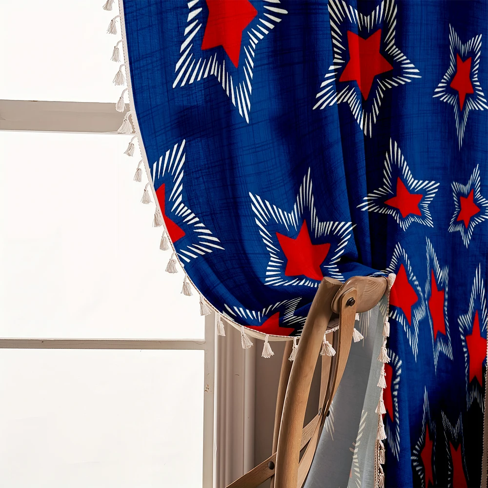 1PC Geometric Tassel Sheer Curtains, Navy Blue Red Exploding Stars, Digital Print, Linen Polyester, Living Room Bedroom Decor